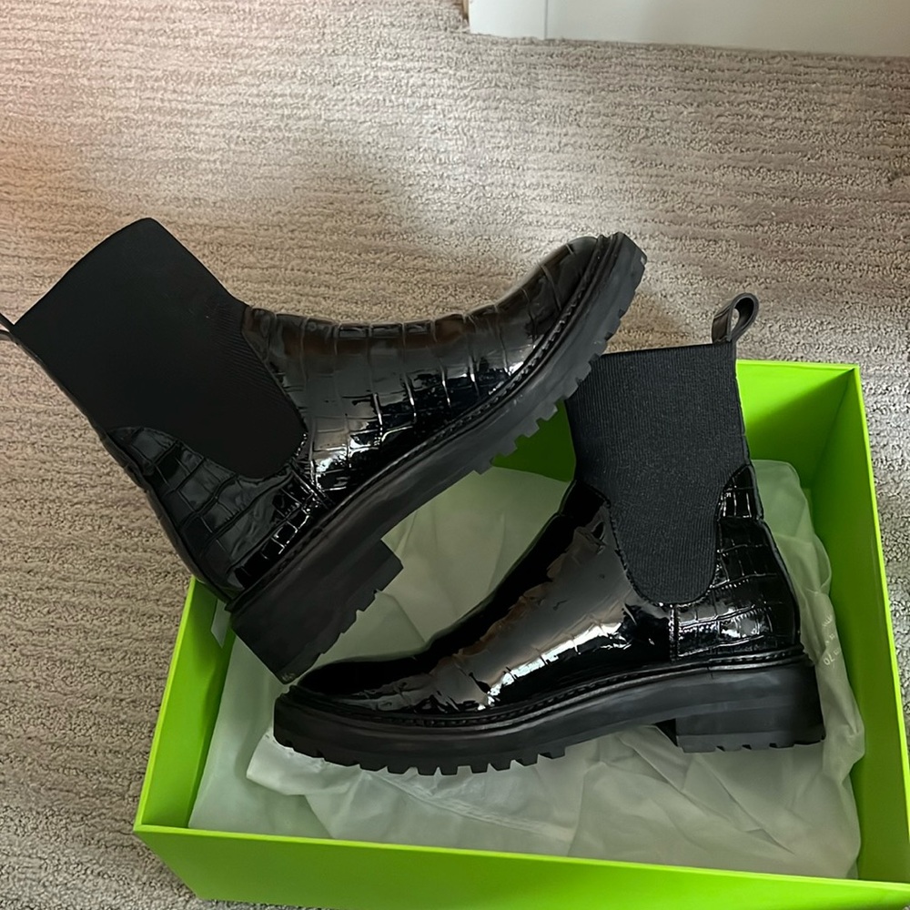 Loeffler Randall Black Croc-Embossed Patent Chelsea Booties